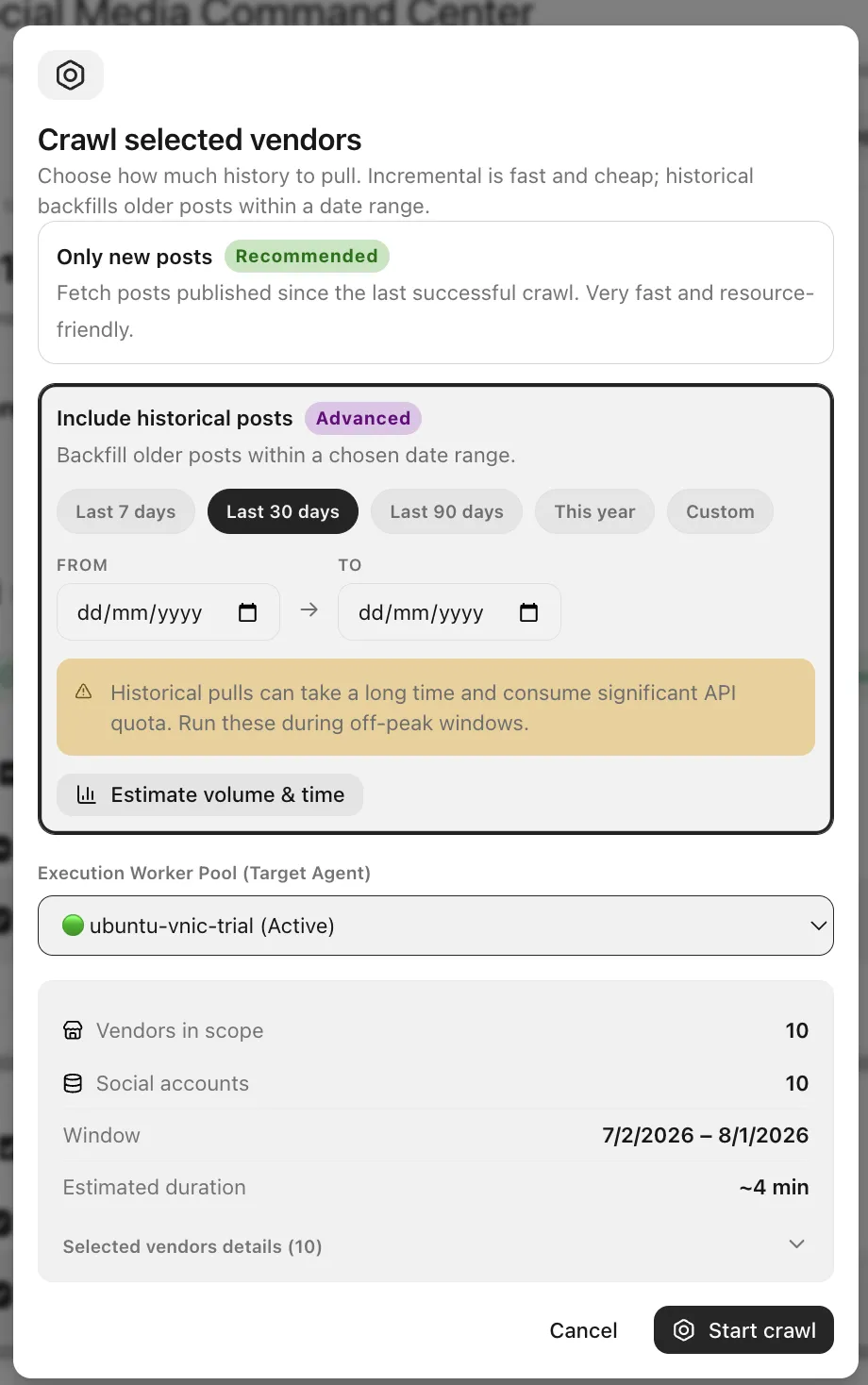 Nexus Curation Queue showing pending posts, smart deduplication notice, filters for vendor and platform